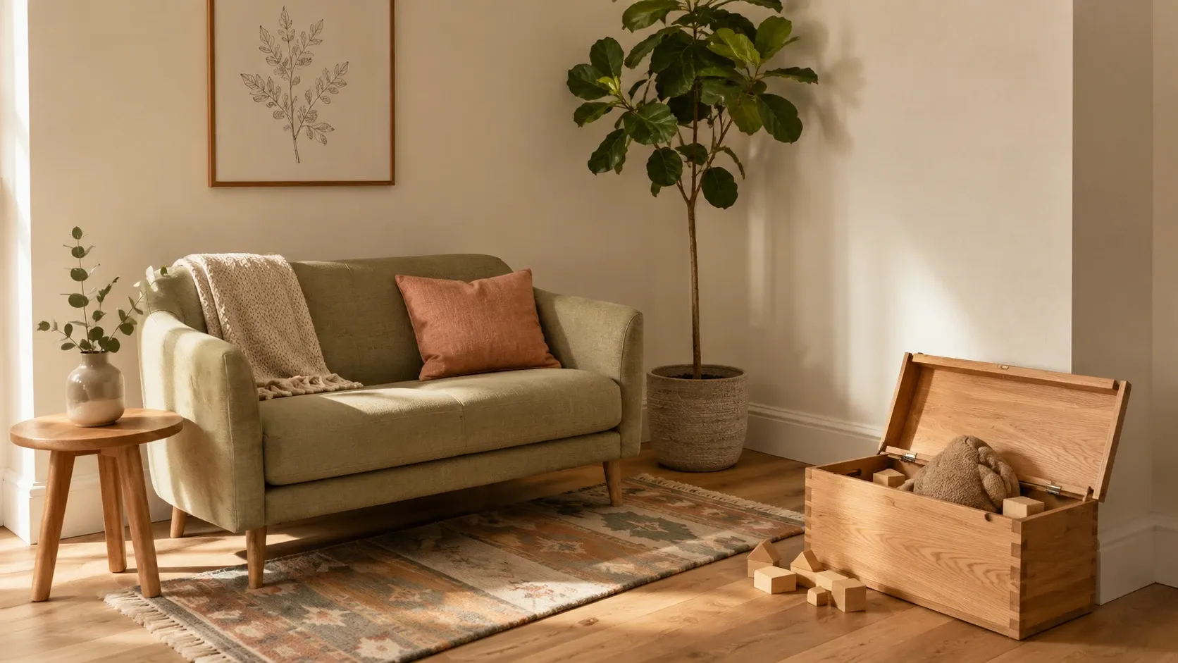Gemütlicher Wartebereich mit Sofa, Pflanze und einer Holzkiste mit Kinderspielzeug — eine ruhige, kindgerechte Atmosphäre.
