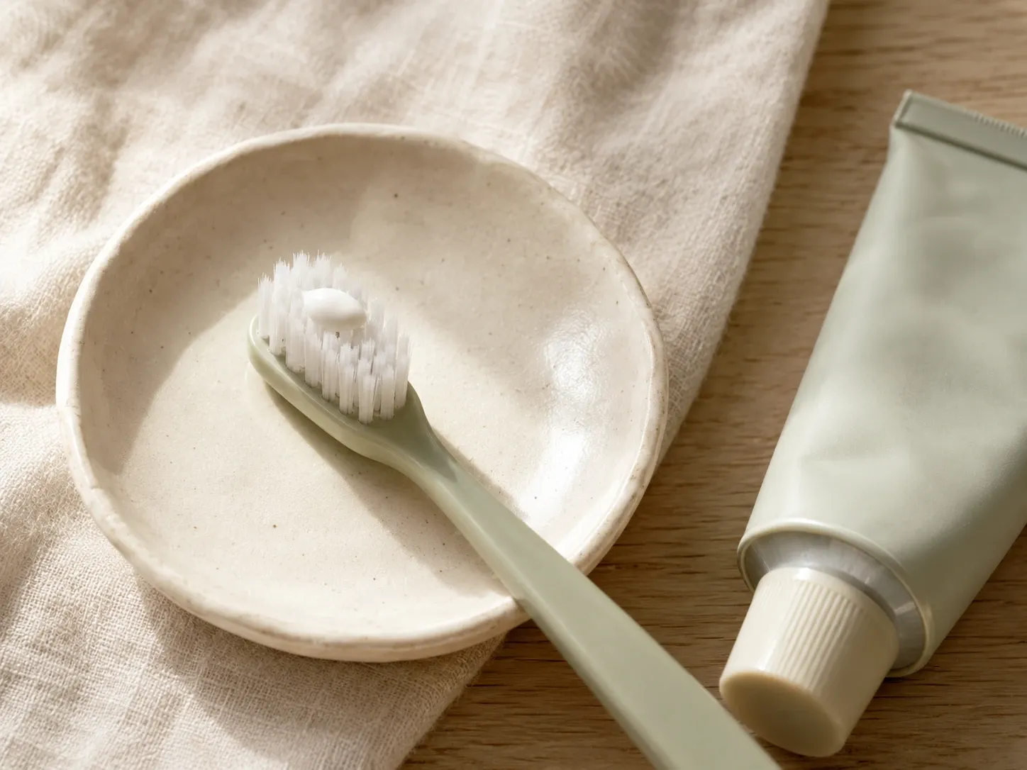 Makro-Flat-Lay einer weichen Kinderzahnbürste auf einer hellen Steingut-Untertasse mit einer reiskorngroßen Menge weißer Zahnpasta auf den Borsten