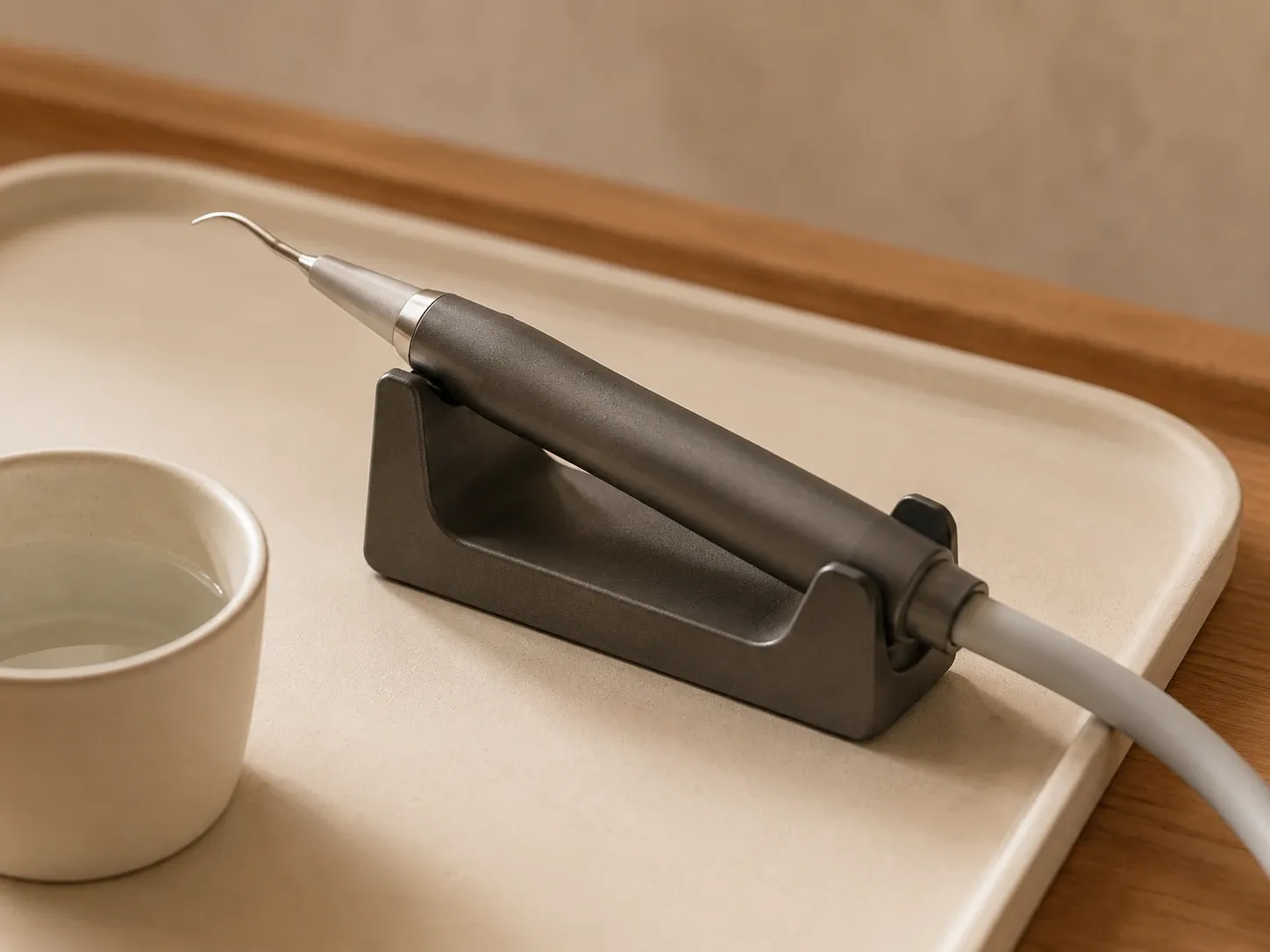 Stilleben eines schlanken Ultraschall-Handstücks in seiner Ablage auf einer cremefarbenen Auflage, daneben eine kleine Keramik-Tasse mit klarem Wasser, ruhiges Tageslicht
