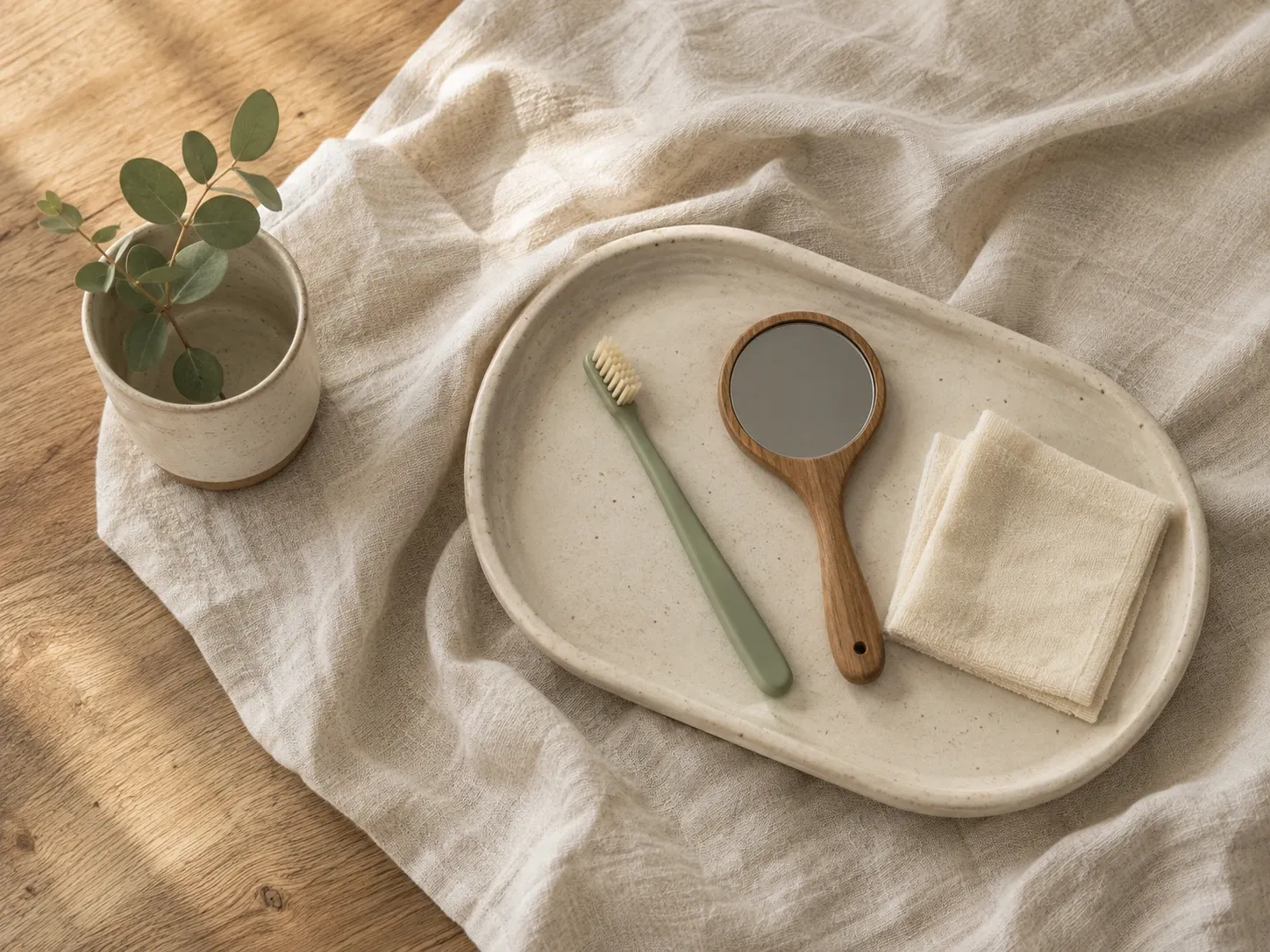 Flat-lay einer kleinen Keramikschale mit einer weichen Kinderzahnbürste, einem Holz-Handspiegel und einem gefalteten Baumwolltuch, daneben ein Zweig Eukalyptus in einer Steingut-Tasse
